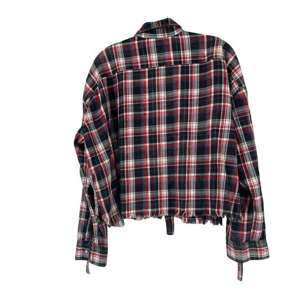 ZARA Cropped Plaid Shirt Black Red Snap Front Raw Hem Size S Oversized Relaxed - Picture 2 of 7